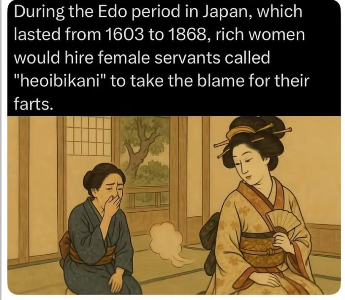 During the Edo period in Japan, which lasted from 1603 to 1868, rich women would hire female servants called "heoibikani" take blame for their farts.