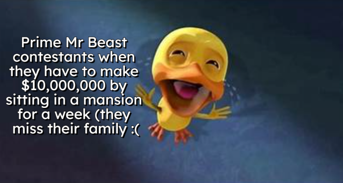 Prime Mr Beast contestants when they have to make $10,000,000 by sitting in a mansion for week (they miss their family: