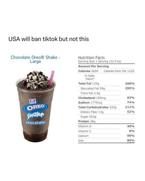USA will ban tiktok but not this Chocolate Oreo Shake - Large BR OREO chocolate Nutrition Facts Serving Size I (32 fl oz) Amount Per Calories 2600 from Fat 1220 % Daily Value' Total 135g ORO Saturated 59g 2959 Trans 2.5g Cholesterol 185mg Sodium zomo Carbohydrates 333g Dietary Fiber 13g 62% 74% 111% 52% Sugar 263g Protein 38g vitamin A 409c Vitamin C Calcium Iron 8% 90% 80%
