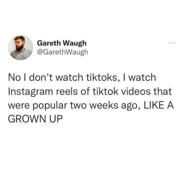 Gareth Waugh No I don't watch tiktoks, Instagram reels of tiktok videos that were popular two weeks ago, LIKE A GROWN UP