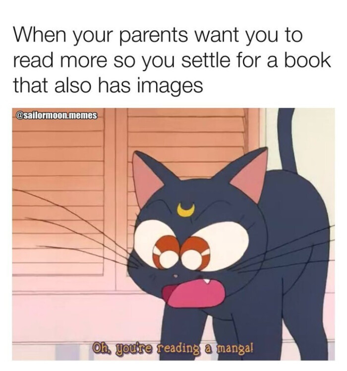 When your parents want you to read more so settle for a book that also has images @sailormoon-memes Oh. goute reading manga!