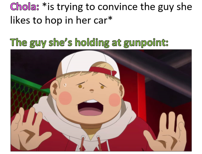 trying to convince the guy she hop in her