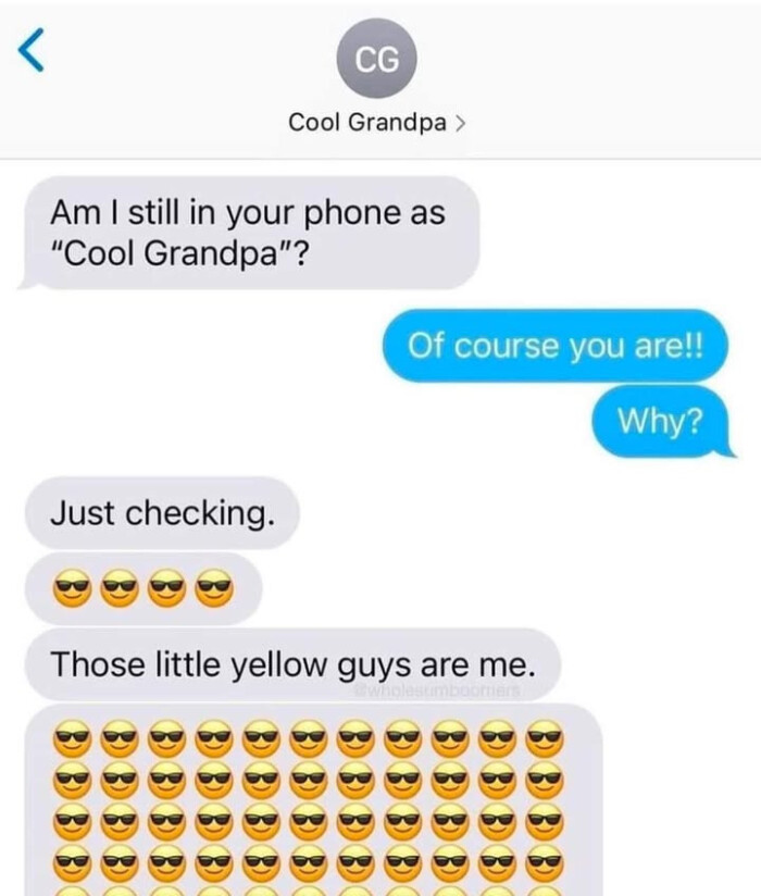 < CG Cool Grandpa ' Am I still in your phone as "Cool Grandpa"? Of course you are!! Why? Just checking. Those little yellow guys are me.