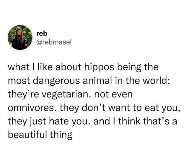 reb what I like about hippos being the most dangerous animal in world: they're vegetarian. not even omnivores. they don't want to eat you, just you. and think that's a beautiful thing