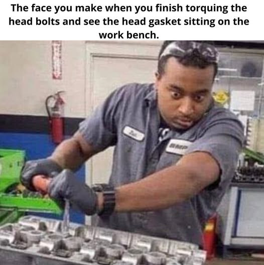 The face you make when finish torquing the head bolts and see gasket sitting on work bench.