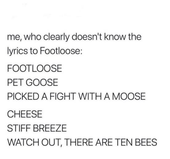 me, who clearly doesn't know the Ivrics to Footloose: FOOTLOOSE PET GOOSE PICKED A FIGHT WITH MOOSE CHEESE STIFF BREEZE WATCH OUT, THERE ARE TEN BEES