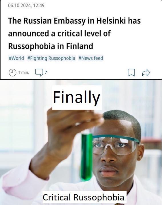 06.10.2024, 12:49 The Russian Embassy in Helsinki has announced a critical level of Russophobia Finland #World #Fighting #News feed (1 ) 1 min. Finally Critical