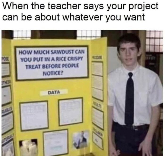 When the teacher says your project can be about whatever you want HOW MUCH SAWDUST CAN YOU PUT IN A RICE CRISPY TREAT BEFORE PEOPLE NOTICE? DATA