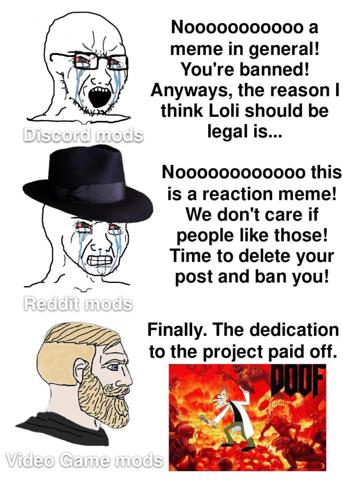 Discord mods Nooooooooooo a meme in general! You're banned! Anyways, the reason I think Loli should be legal is... No0000000000o this is reaction meme! We don't care if people like those! Time to delete your post and ban you! Reddit Finally. The dedication project paid off. Video Game