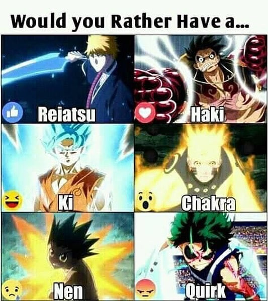 Would you Rather Have a... Reiatsi Maki Chakra Nen Quirk