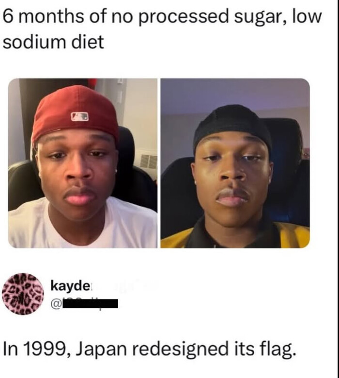 6 months of no processed sugar, low sodium diet kayde @ In 1999, Japan redesigned its flag.