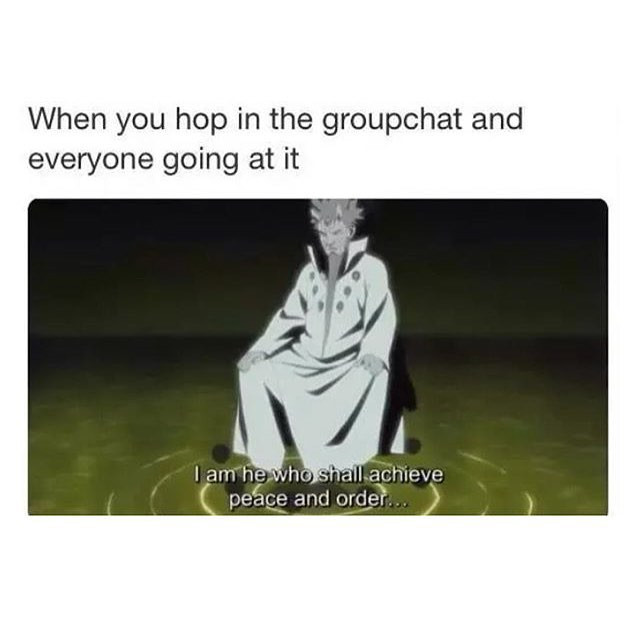 When you hop in the groupchat and everyone going at it I am he who shall achieve peace order...