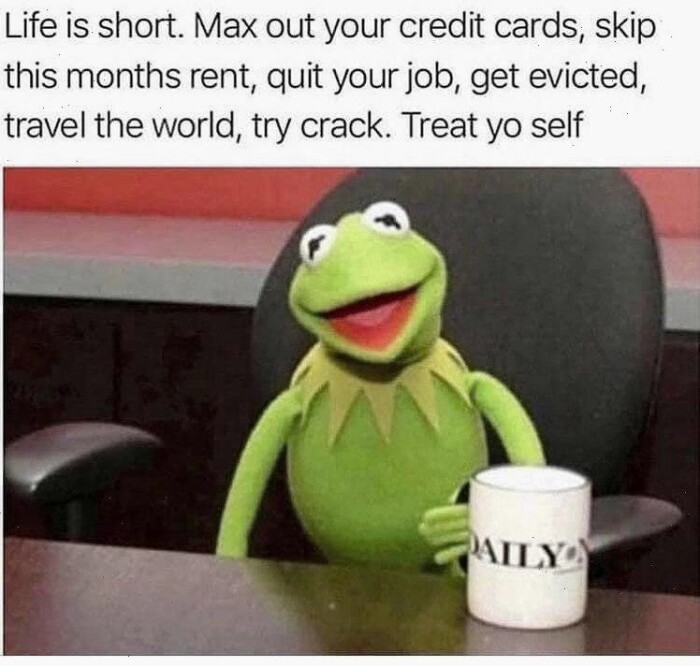 Life is short. Max out your credit cards, skip this months rent, quit job, get evicted, travel the world, try crack. Treat yo self PAniY>>