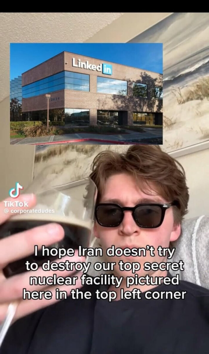 Linked in TikTok @ corporatedudes I hope lan doesn't try to destroy our top secret nuclear facility pictured here the left corner