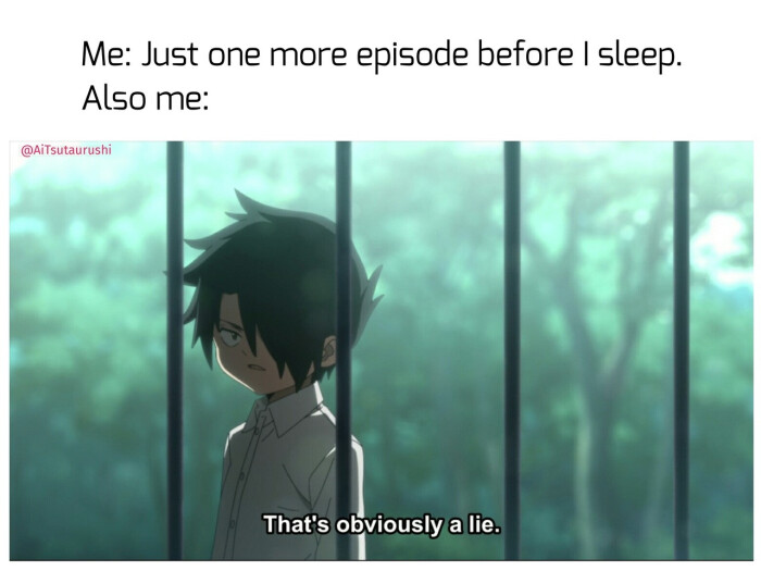 Me: Just one more episode before I sleep. Also me: That's obviously a lie.