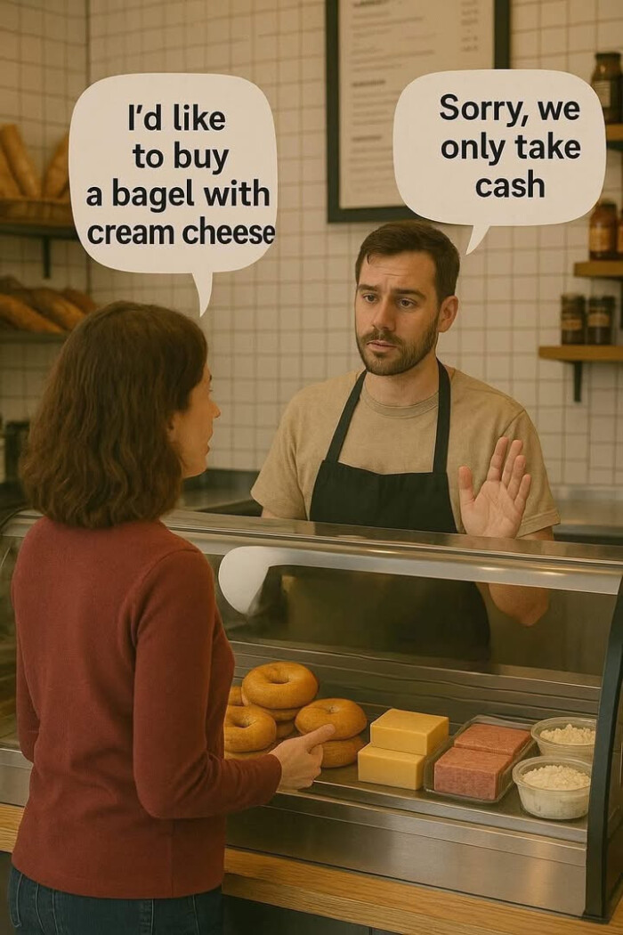 I'd like to buy a bagel with cream cheese Sorry, we only take cash