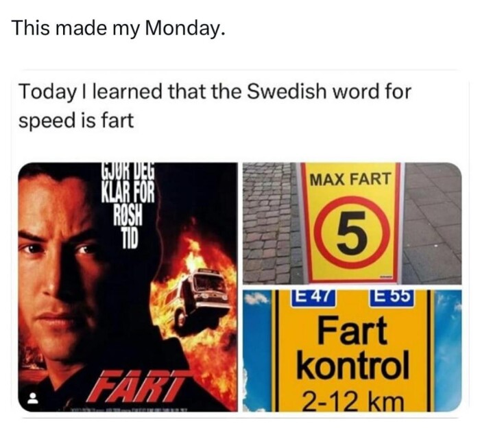 This made my Monday. Today I learned that the Swedish word for speed is fart RUSH FARI MAX FART (5 E55 Fart kontrol 2-12 km