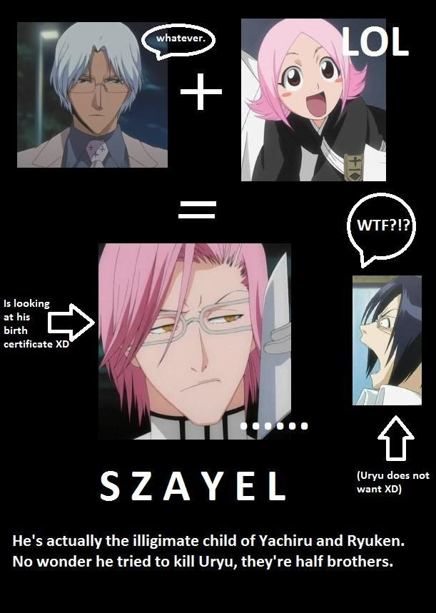 whatever. LOL WTF?!? Is looking at his birth certificate XD SZAYEL (Uryu does not want XD) He's actually the illigimate child of Yachiru and Ryuken. No wonder he tried to kill Uryu, they're half brothers.