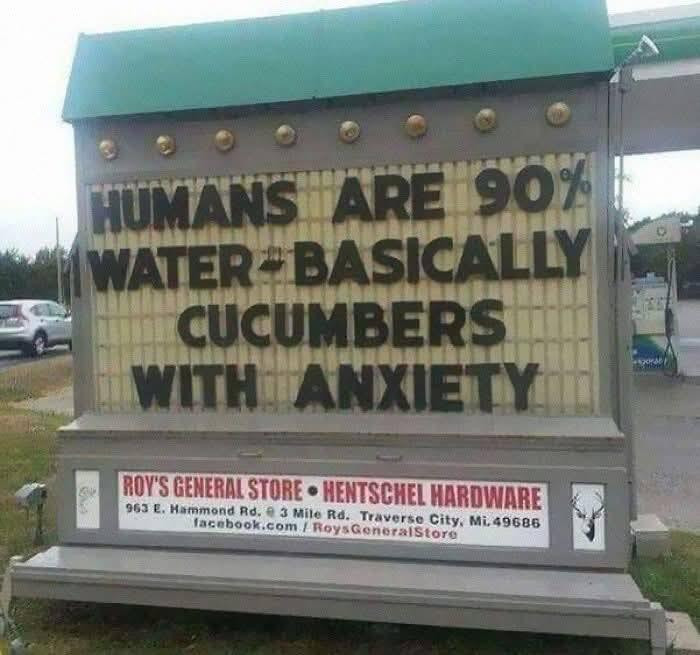 FUMANS ARE 90% WATER BASICALLY CUCUMBERS WITH ANXIETY ROY'S GENERAL STORE HENTSCHEL MARDWARE 963 E. Hammond Rd. 4 3 Mile Traverse City, Mi.49686 facebook.com./ RoysGeneralStore