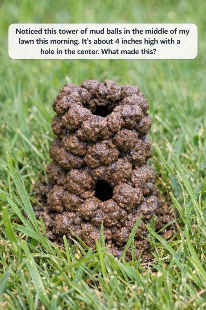 Noticed this tower of mud balls in the middle my lawn morning. It's about 4 inches high with a hole center. What made this?