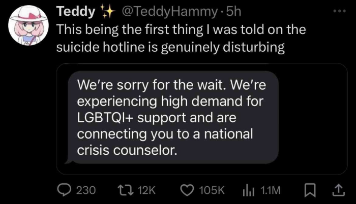 This being the first thing I was told on hotline is genuinely disturbing We're sorry for wait. experiencing high demand