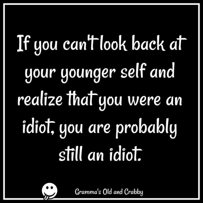 If you can't look back at your younger self and realize that were an idiot, are probably still idiot. Gramma's Old Crabby