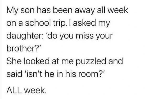 My son has been away all week on a school trip. I asked my daughter: 'do you miss your brother?' She looked at me puzzled and said 'isn't he in his room?' ALL week.