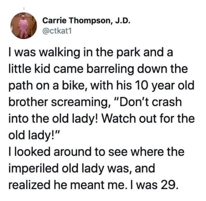 I was walking in the park and a little kid came barreling down path on bike, with his