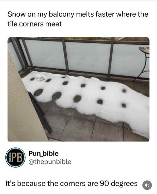 Snow on my balcony melts faster where the tile corners meet