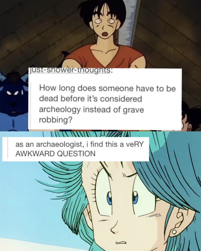 just-shower-thoughts: How long does someone have to be dead before it's considered archeology instead of grave robbing? as an archaeologist, i find this a veRY AWKWARD QUESTION