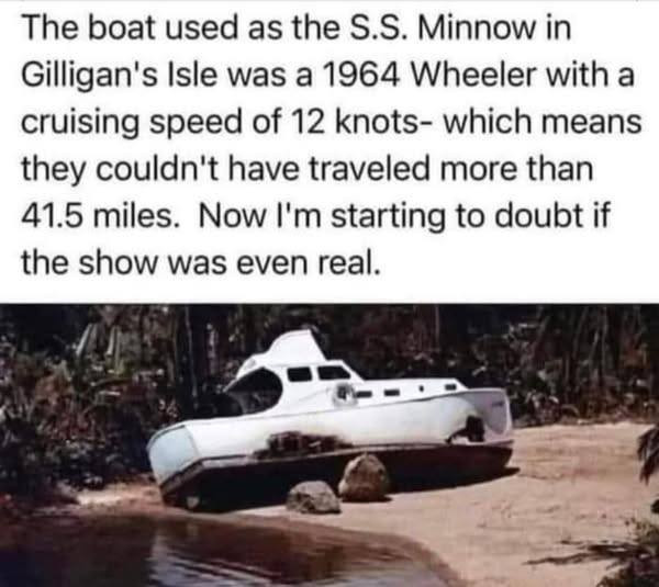 The boat used as the S.S. Minnow in Gilligan's Isle was a 1964 Wheeler with cruising speed of 12 knots- which means they couldn't have traveled more than 41.5 miles. Now I'm starting to doubt if show even real.