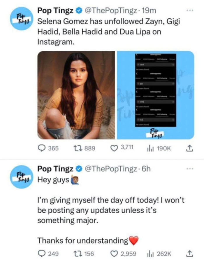 Pop Ting Selena Gomez has unfollowed Zayn, Gigi Hadid, Bella Hadid and Dua Lipa on Instagram.