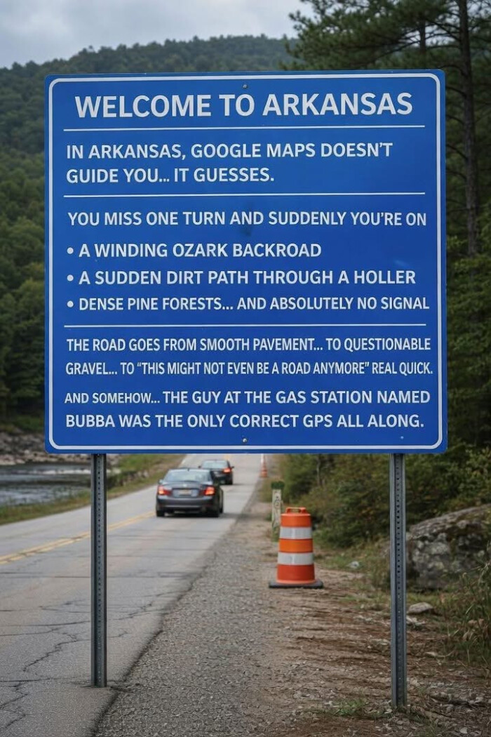 WELCOME TO ARKANSAS IN ARKANSAS, GOOGLE MAPS DOESN'T GUIDE YOU.. IT GUESSES. YOU MISS ONE TURN AND SUDDENLY YOU'RE ON A WINDING OZARK BACKROAD SUDDEN DIRT PATH THROUGH HOLLER DENSE PINE FORESTS... ABSOLUTELY NO SIGNAL THE ROAD GOES FROM SMOOTH PAVEMENT... QUESTIONABLE GRAVEL... "THIS MIGHT NOT EVEN BE ANYMORE" REAL QUICK. SOMEHOW... GUY AT GAS STATION NAMED BUBBA WAS ONLY CORRECT GPS ALL ALONG.