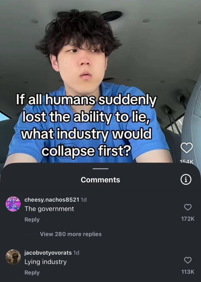 If all humans suddenly lost the ability to lie, what industry would collapse first? Comments