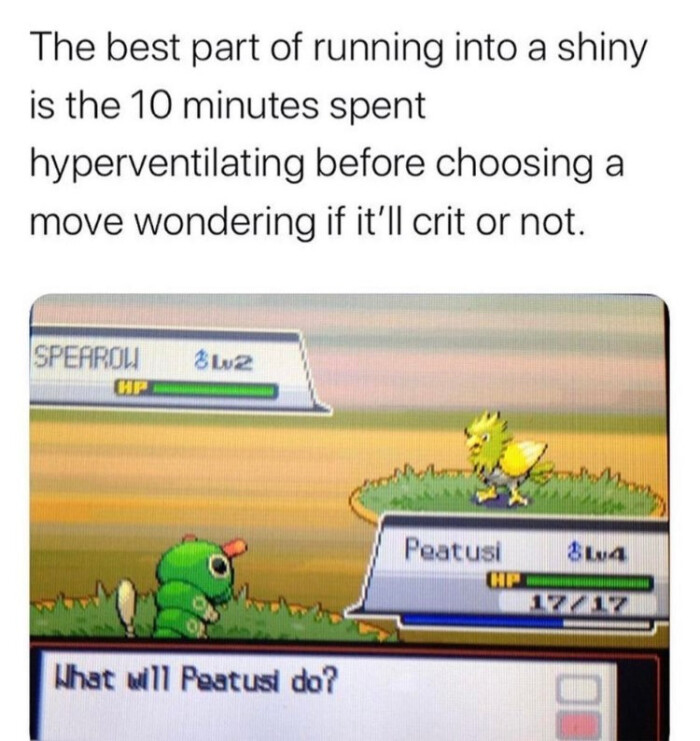 The best part of running into a shiny is the 10 minutes spent hyperventilating before choosing move wondering if it'll crit or not. SPEAROL BLU2 Peatusi Blua 17717 What will Peatus do?