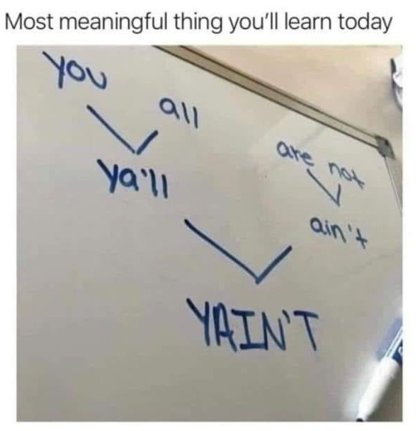 Most meaningful thing you'll learn today You 91 Ya'll are YAIN'T ain't