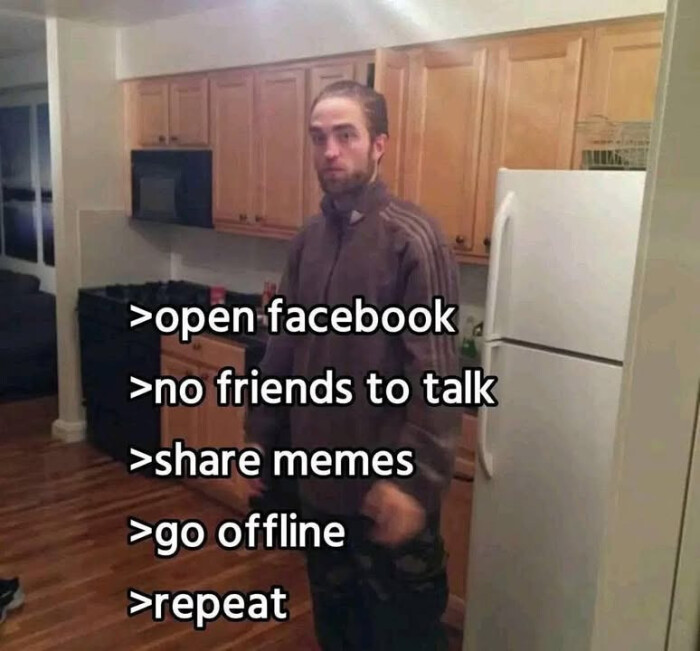 >open facebook >no friends to talk >share memes >go offline >repeat