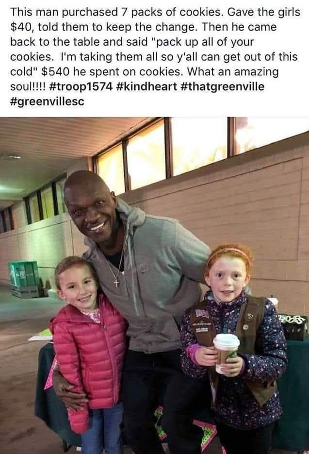 This man purchased 7 packs of cookies. Gave the girls $40, told them to keep change. Then he came back table and said "pack up all your I'm taking so y'all can get out this cold" $540 spent on What an amazing soul!!!! #troop1574 #kindheart #thatgreenville #greenvillesc