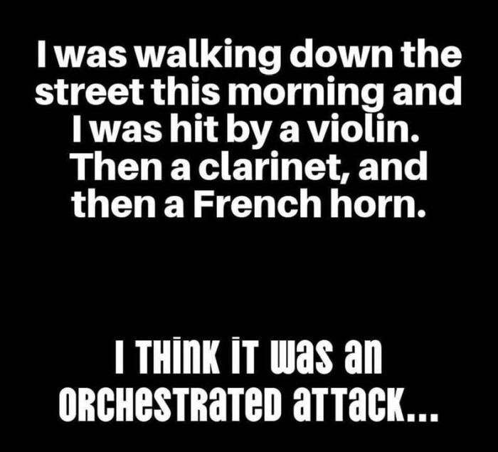 was walking down the street this morning and Iwas hit by a violin. Then clarinet, then French horn. I Think it an ORCHESTRaTeD aTTACK.