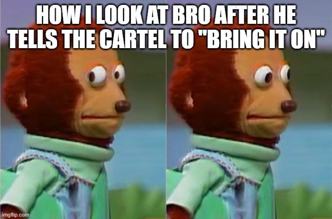 HOW I LOOK AT BRO AFTER HE TELLS THE CARTEL TO "BRING IT ON" imgflip.com