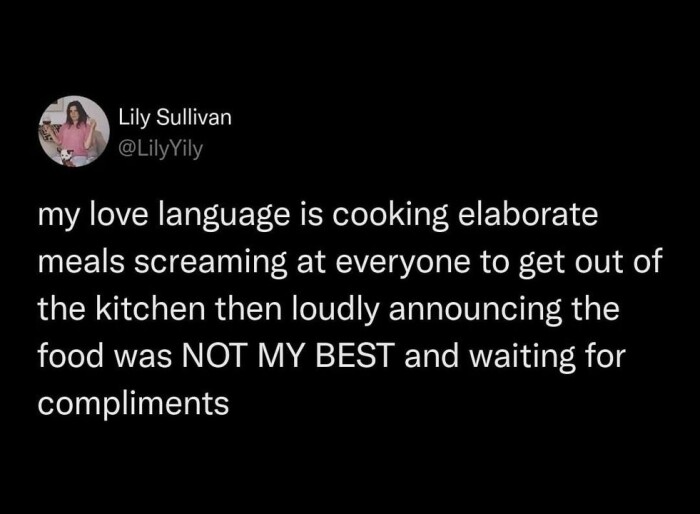 Lily Sullivan @LilyYily my love language is cooking elaborate meals screaming at everyone to get out of the kitchen then loudly announcing food was NOT MY BEST and waiting for compliments