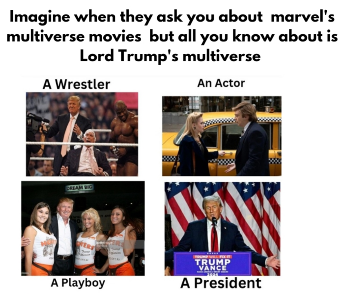 Imagine when they ask you about marvel's multiverse movies but all know is Lord Trump's A Wrestler An Actor DREAM BIG WHEE President