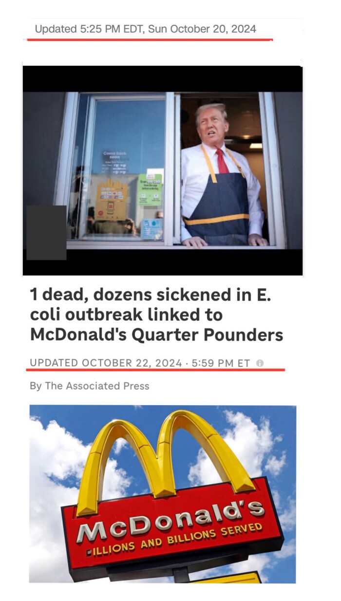 Updated 5:25 PM EDT, Sun October 20, 2024 1 dead, dozens sickened in E. coli outbreak linked to McDonald's Quarter Pounders UPDATED OCTOBER 22. 5:59 ET 0 By The Associated Press CILLIONS AND BILLIONS SERVED