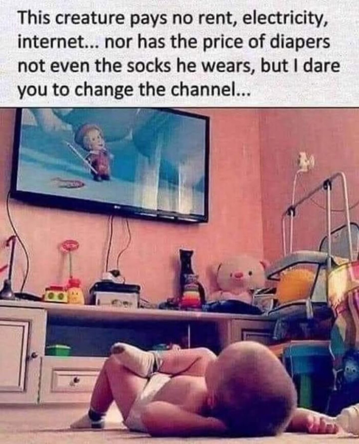 This creature pays no rent, electricity, internet... nor has the price of diapers not even socks he wears, but I dare you to change channel...