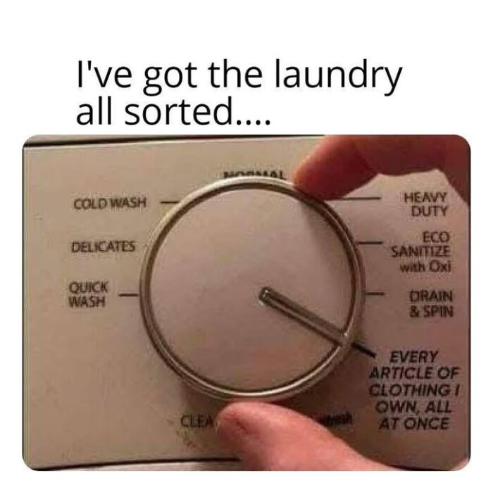 I've got the laundry all sorted COLD WASH DELICATES QUICK HEAVY DUTY ECO SANITIZE with Oxi DRAIN & SPIN EVERY ARTICLE OF CLOTHING I OWN ALL AT ONCE