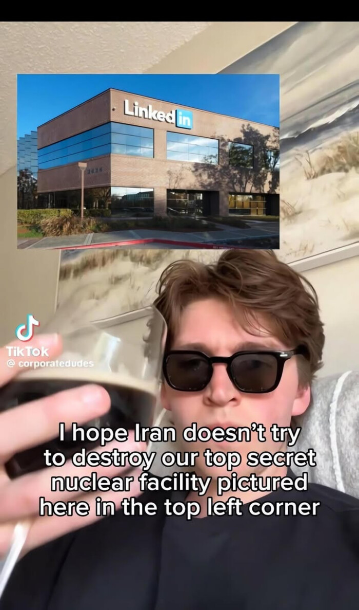 Linked in TikTOK @ corporatedudes I hope lan doesn't try to destroy our top secret nuclear facility pictured here the left corner