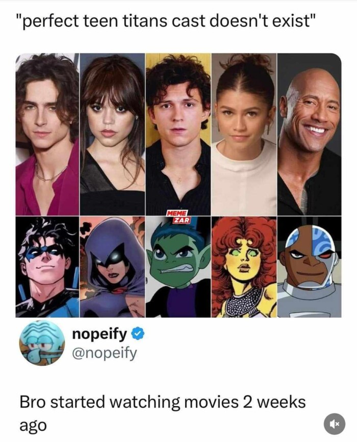 "perfect teen titans cast doesn't exist" nopeify ( @nopeify Bro started watching movies 2 weeks ago