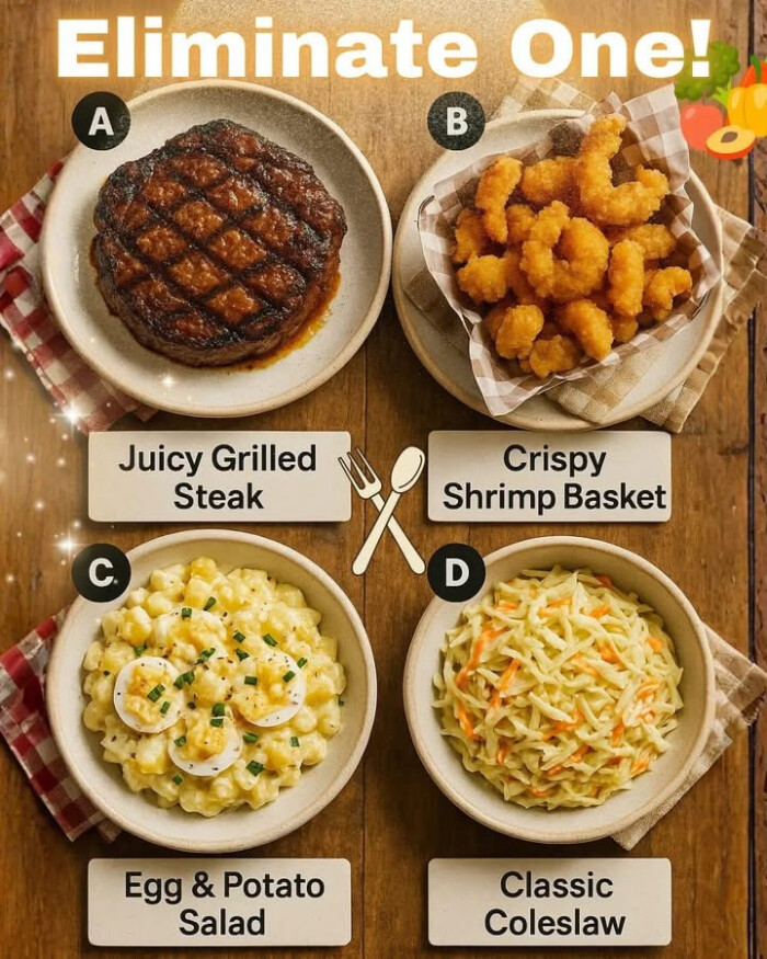 Eliminate One! A Juicy Grilled Steak Crispy Shrimp Basket Egg & Potato Salad Classic Coleslaw
