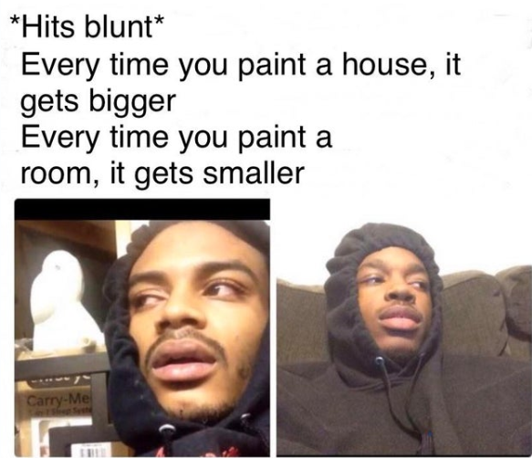 *Hits blunt* Every time you paint a house, it gets bigger room, smaller