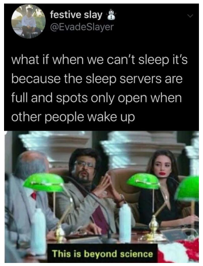 festive slay a what if when we can't sleep it's because the servers are full and spots only open other people wake up This is beyond science